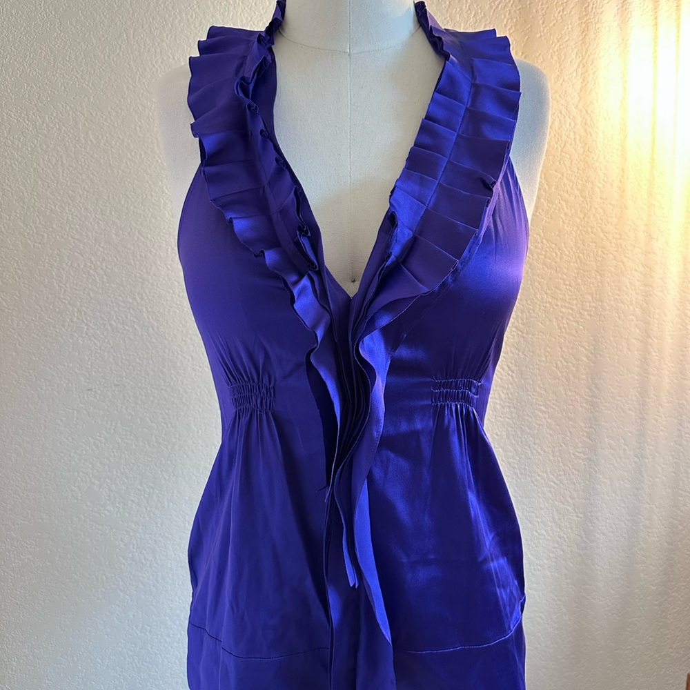 BCBGMaxAzria Purple Silk Sleeveless Layered Ruffles V-Neck Blouse Size Small